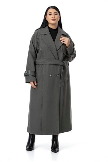 Büyük Beden Deri Biye Detaylı Fleto Cepli Kuşaklı Astarlı Kaşe Uzun Gri Kaban