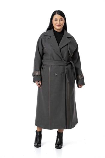 Büyük Beden Deri Biye Detaylı Fleto Cepli Kuşaklı Astarlı Kaşe Uzun Antrasit Kaban