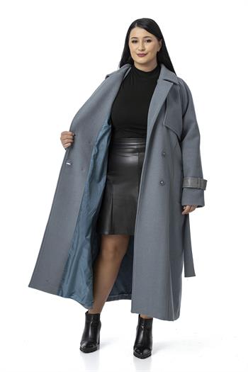 Büyük Beden Deri Biye Detaylı Fleto Cepli Kuşaklı Astarlı Kaşe Uzun Mavi Kaban