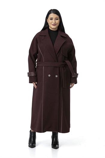 Büyük Beden Deri Biye Detaylı Fleto Cepli Kuşaklı Astarlı Kaşe Uzun Bordo Kaban