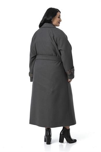 Büyük Beden Deri Biye Detaylı Fleto Cepli Kuşaklı Astarlı Kaşe Uzun Antrasit Kaban