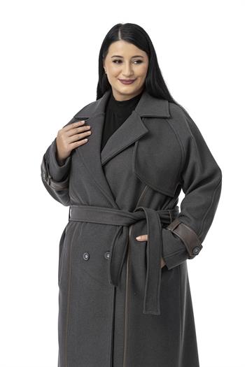 Büyük Beden Deri Biye Detaylı Fleto Cepli Kuşaklı Astarlı Kaşe Uzun Antrasit Kaban