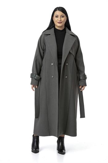 Büyük Beden Deri Biye Detaylı Fleto Cepli Kuşaklı Astarlı Kaşe Uzun Gri Kaban