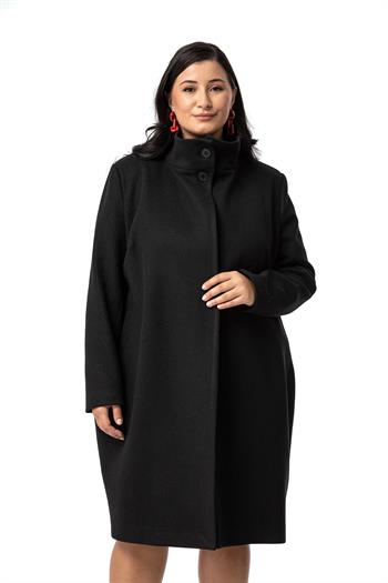 Büyük Beden Dik Yaka Düğme Detaylı Astarlı Siyah Kaşe Kaban