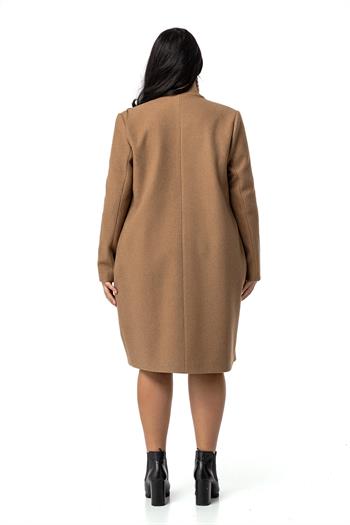 Büyük Beden Dik Yaka Düğme Detaylı Astarlı Vizon Kaşe Kaban