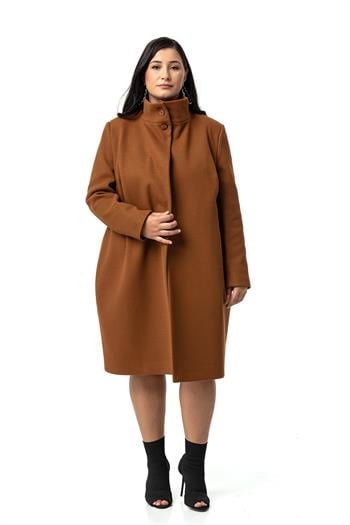 Büyük Beden Dik Yaka Düğme Detaylı Astarlı Kahverengi Kaşe Kaban