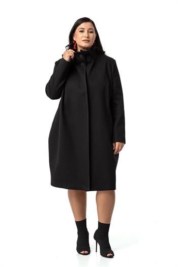Büyük Beden Dik Yaka Düğme Detaylı Astarlı Siyah Kaşe Kaban