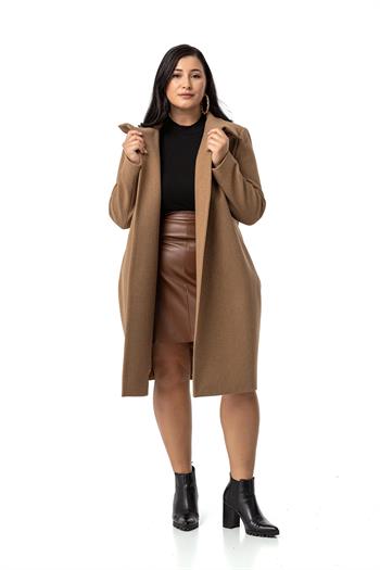 Büyük Beden Dik Yaka Düğme Detaylı Astarlı Vizon Kaşe Kaban