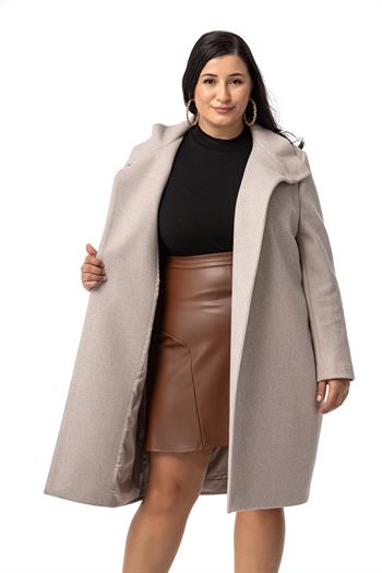 Büyük Beden Dik Yaka Düğme Detaylı Astarlı Bej Rengi Kaşe Kaban