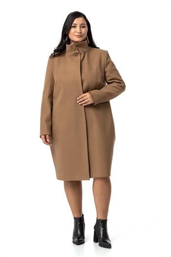 Büyük Beden Dik Yaka Düğme Detaylı Astarlı Vizon Kaşe Kaban