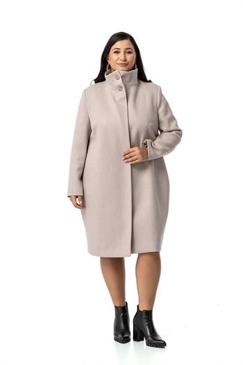 Büyük Beden Dik Yaka Düğme Detaylı Astarlı Bej Rengi Kaşe Kaban