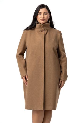 Büyük Beden Dik Yaka Düğme Detaylı Astarlı Vizon Kaşe Kaban