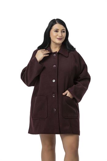 Büyük Beden Gömlek Yaka Reglan Kollu Torba Cepli Astarsız Kaşe Kısa Bordo Kaban