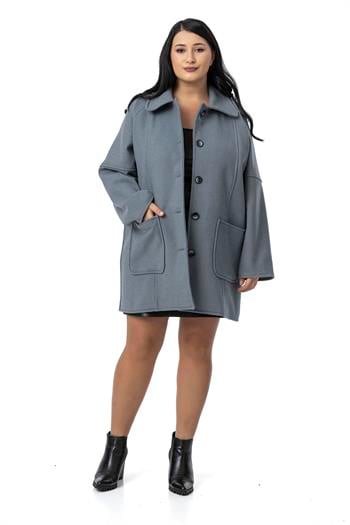 Büyük Beden Gömlek Yaka Reglan Kollu Torba Cepli Astarsız Kaşe Kısa Mavi Kaban