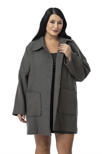 Büyük Beden Gömlek Yaka Reglan Kollu Torba Cepli Astarsız Kaşe Kısa Gri Kaban