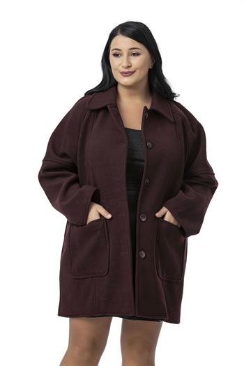 Büyük Beden Gömlek Yaka Reglan Kollu Torba Cepli Astarsız Kaşe Kısa Bordo Kaban
