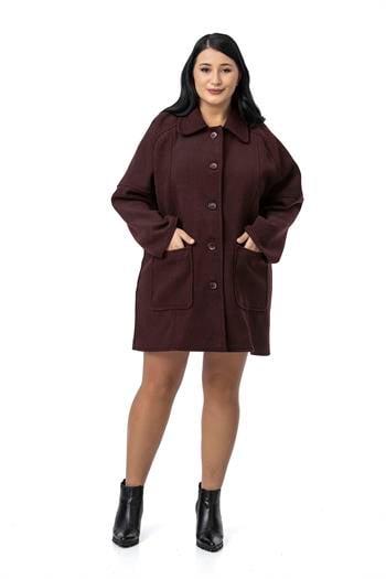 Büyük Beden Gömlek Yaka Reglan Kollu Torba Cepli Astarsız Kaşe Kısa Bordo Kaban