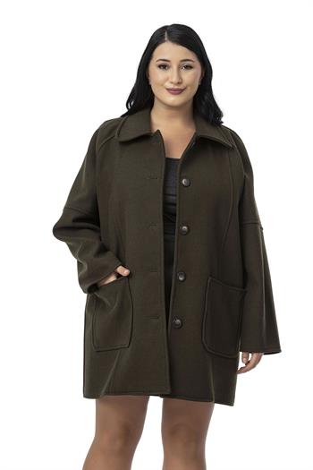 Büyük Beden Gömlek Yaka Reglan Kollu Torba Cepli Astarsız Kaşe Kısa Haki Kaban