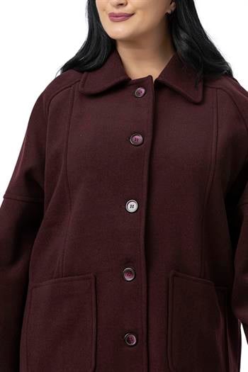 Büyük Beden Gömlek Yaka Reglan Kollu Torba Cepli Astarsız Kaşe Kısa Bordo Kaban