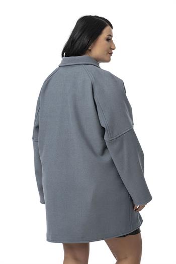 Büyük Beden Gömlek Yaka Reglan Kollu Torba Cepli Astarsız Kaşe Kısa Mavi Kaban