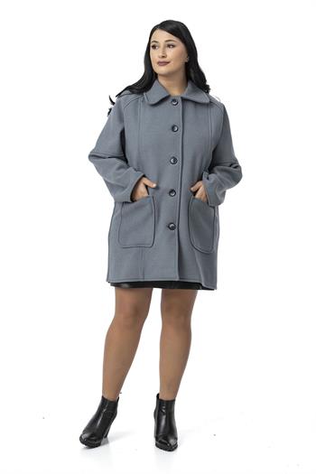 Büyük Beden Gömlek Yaka Reglan Kollu Torba Cepli Astarsız Kaşe Kısa Mavi Kaban