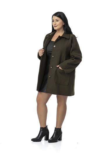 Büyük Beden Gömlek Yaka Reglan Kollu Torba Cepli Astarsız Kaşe Kısa Haki Kaban