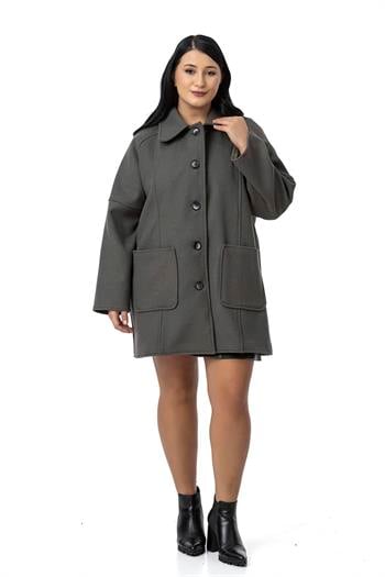 Büyük Beden Gömlek Yaka Reglan Kollu Torba Cepli Astarsız Kaşe Kısa Gri Kaban