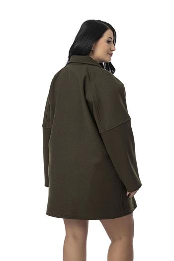 Büyük Beden Gömlek Yaka Reglan Kollu Torba Cepli Astarsız Kaşe Kısa Haki Kaban