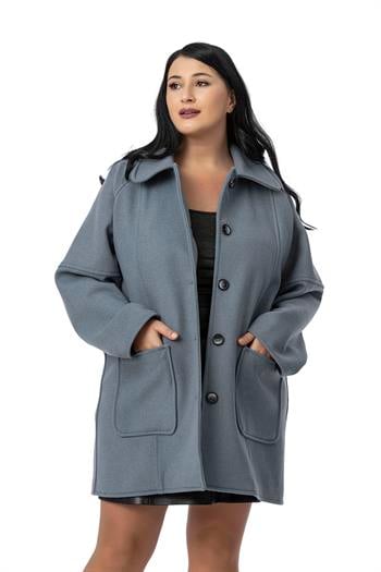 Büyük Beden Gömlek Yaka Reglan Kollu Torba Cepli Astarsız Kaşe Kısa Mavi Kaban