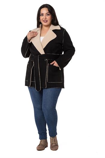 Büyük Beden İçi Kürklü Pis Dikişli Kuşaklı Cepli Süet Siyah Kaban 