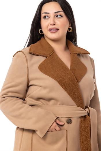 Büyük Beden İçi Kürklü Pis Dikişli Kuşaklı Cepli Süet Vizon Kaban 