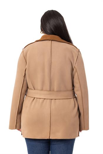 Büyük Beden İçi Kürklü Pis Dikişli Kuşaklı Cepli Süet Vizon Kaban 