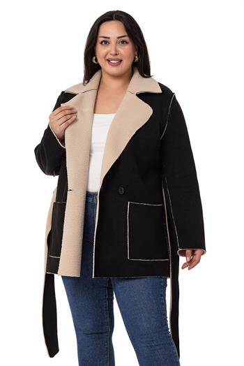 Büyük Beden İçi Kürklü Pis Dikişli Kuşaklı Cepli Süet Siyah Kaban 