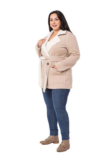 Büyük Beden İçi Kürklü Pis Dikişli Kuşaklı Cepli Süet Bej Rengi Kaban 