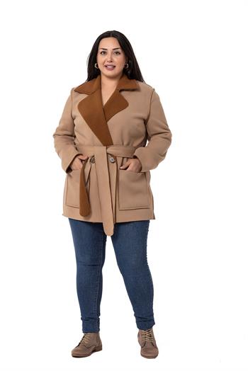 Büyük Beden İçi Kürklü Pis Dikişli Kuşaklı Cepli Süet Vizon Kaban 