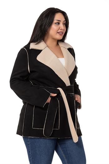 Büyük Beden İçi Kürklü Pis Dikişli Kuşaklı Cepli Süet Siyah Kaban 