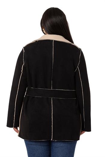 Büyük Beden İçi Kürklü Pis Dikişli Kuşaklı Cepli Süet Siyah Kaban 