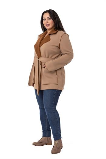 Büyük Beden İçi Kürklü Pis Dikişli Kuşaklı Cepli Süet Vizon Kaban 