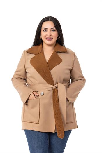 Büyük Beden İçi Kürklü Pis Dikişli Kuşaklı Cepli Süet Vizon Kaban 