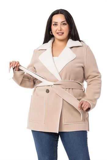 Büyük Beden İçi Kürklü Pis Dikişli Kuşaklı Cepli Süet Bej Rengi Kaban 