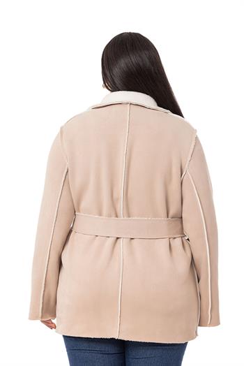 Büyük Beden İçi Kürklü Pis Dikişli Kuşaklı Cepli Süet Bej Rengi Kaban 