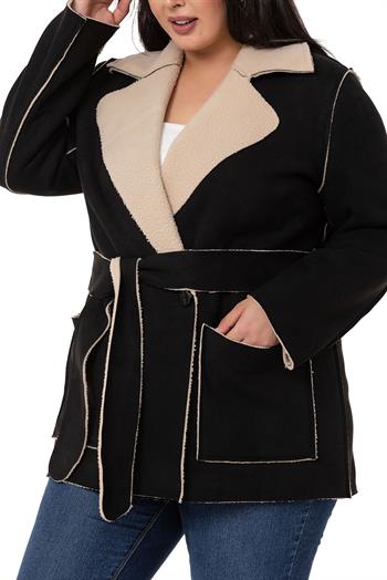 Büyük Beden İçi Kürklü Pis Dikişli Kuşaklı Cepli Süet Siyah Kaban 