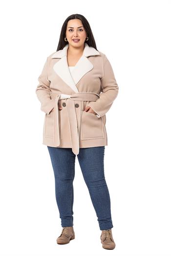 Büyük Beden İçi Kürklü Pis Dikişli Kuşaklı Cepli Süet Bej Rengi Kaban 