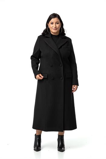 Büyük Beden Kaplama Düğmeli Cepli Astarlı Uzun Siyah Kaşe Kaban