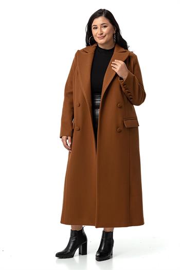 Büyük Beden Kaplama Düğmeli Cepli Astarlı Uzun Kahverengi Kaşe Kaban