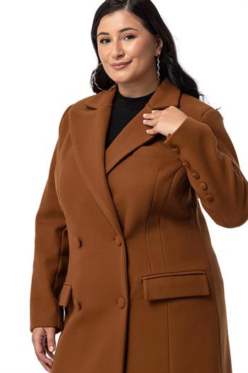 Büyük Beden Kaplama Düğmeli Cepli Astarlı Uzun Kahverengi Kaşe Kaban