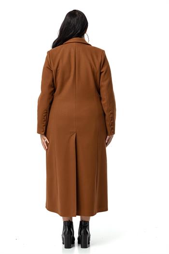 Büyük Beden Kaplama Düğmeli Cepli Astarlı Uzun Kahverengi Kaşe Kaban