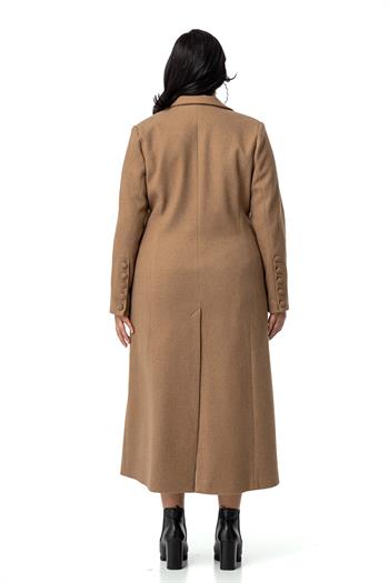 Büyük Beden Kaplama Düğmeli Cepli Astarlı Uzun Vizon Kaşe Kaban