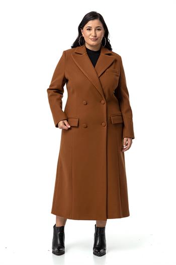Büyük Beden Kaplama Düğmeli Cepli Astarlı Uzun Kahverengi Kaşe Kaban