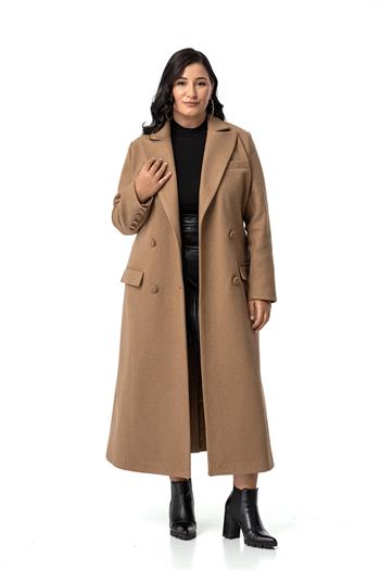 Büyük Beden Kaplama Düğmeli Cepli Astarlı Uzun Vizon Kaşe Kaban